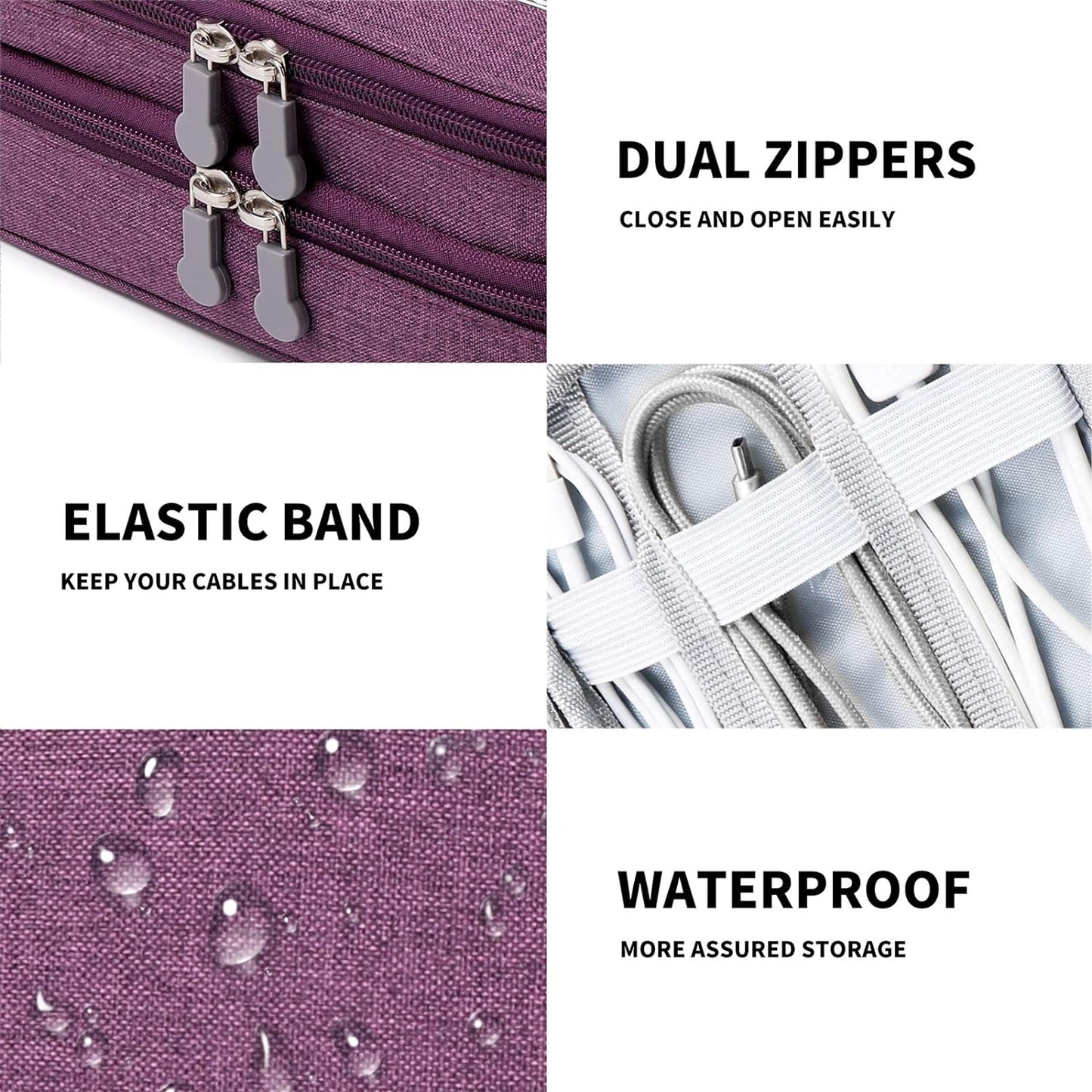 Travel Cable Organizer Bag, Electronic Accessories Case Portable Double Layer Cable Storage Bag for Cord,Phone,Charger, Flash Drive, Phone, SD Card,Personal Items - (Purple)