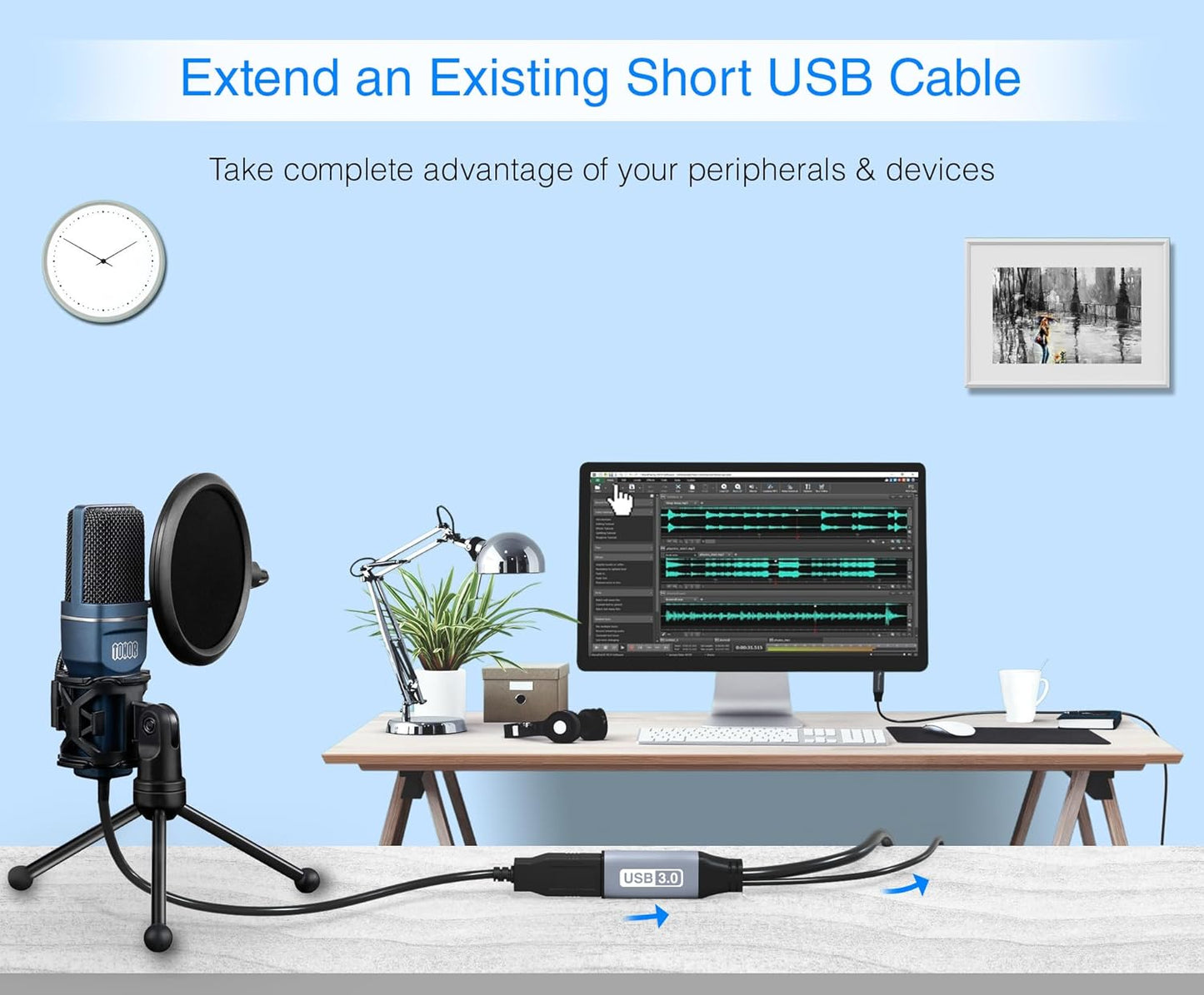 USB 3.0 Extension Cable (32FT - 10M, Active, 5 Gbps, Type a Male to Female Adapter Cord) - Long USB Repeater Extender for VR Headset, Printer, Hard Drive, Flash Drive, Keyboard, Mouse, Xbox