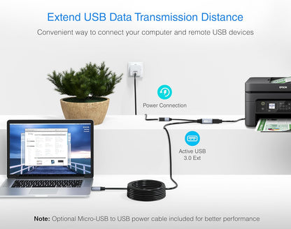 USB 3.0 Extension Cable (32FT - 10M, Active, 5 Gbps, Type a Male to Female Adapter Cord) - Long USB Repeater Extender for VR Headset, Printer, Hard Drive, Flash Drive, Keyboard, Mouse, Xbox